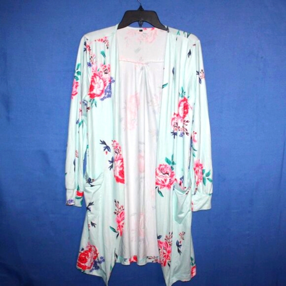Floral Open Front Cardigan Blue Small